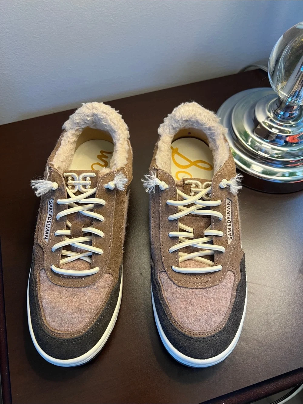 Sam Edelman Taupe and Dark Brown Fleece-Lined Sneakers